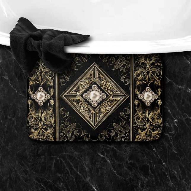 Ornate Opulence | Black and Gold Jeweled Flourish Bath Mat (Creator Uploaded)