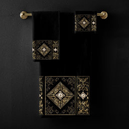 Ornate Opulence | Black and Gold Jeweled Flourish Bath Towel Set