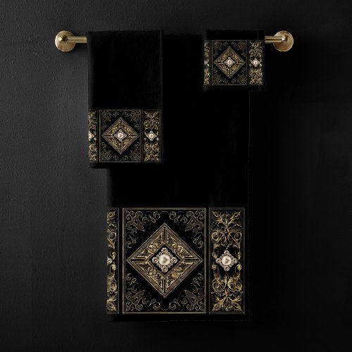 Ornate Opulence  Black and Gold Jeweled Flourish Bath Towel Set