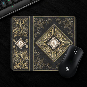 Ornate Opulence   Black and Gold Jeweled Flourish Mouse Pad