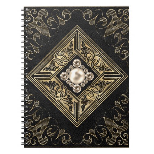 Ornate Opulence  Black and Gold Jeweled Flourish Notebook