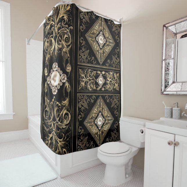 Ornate Opulence | Black and Gold Jeweled Flourish Shower Curtain (In Situ)