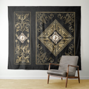 Ornate Opulence Black and Gold Jeweled Flourish Tapestry