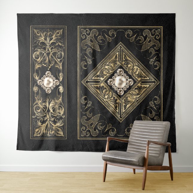 Ornate Opulence | Black and Gold Jeweled Flourish Tapestry (In Situ (Horizontal))