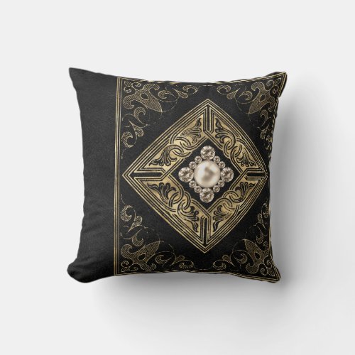 Ornate Opulence  Black and Gold Jeweled Flourish Throw Pillow