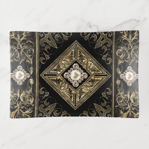 Ornate Opulence  Black and Gold Jeweled Flourish Trinket Tray