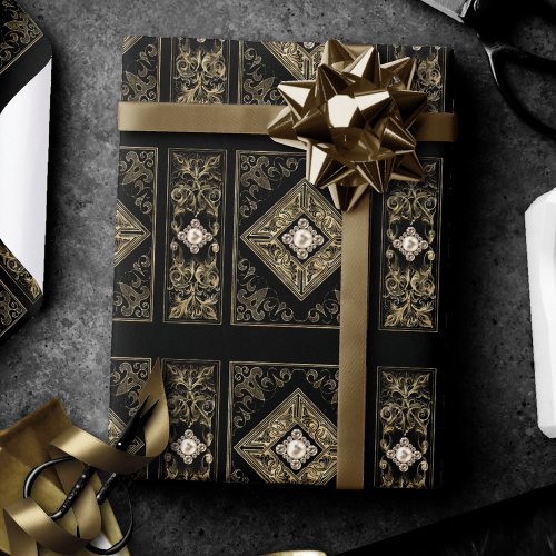 Ornate Opulence  Black and Gold Jeweled Flourish Wrapping Paper