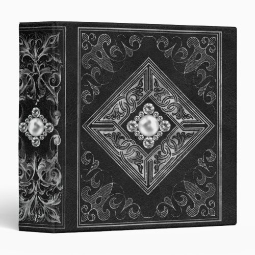 Ornate Opulence  Black and Silver Jewel Flourish 3 Ring Binder