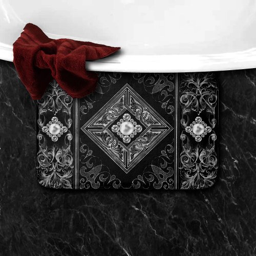 Ornate Opulence  Black and Silver Jewel Flourish Bath Mat