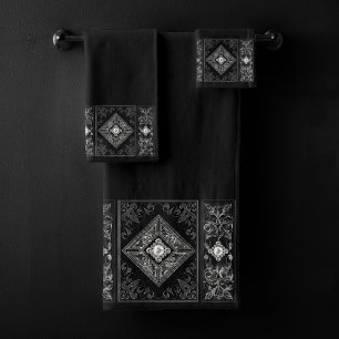 Ornate Opulence Black and Silver Jewel Flourish Bath Towel Set
