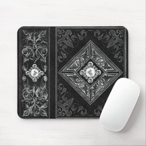 Ornate Opulence  Black and Silver Jewel Flourish Mouse Pad