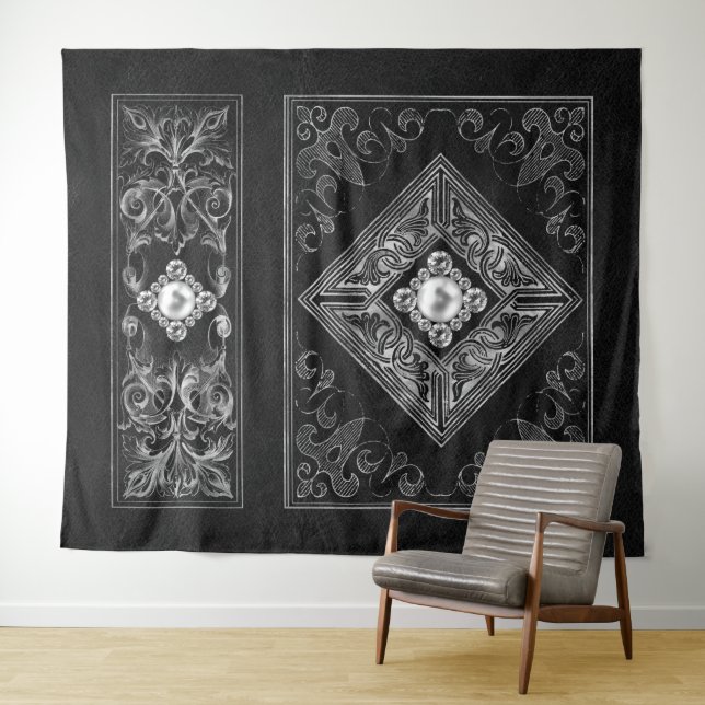 Ornate Opulence | Black and Silver Jewel Flourish Tapestry (In Situ (Horizontal))