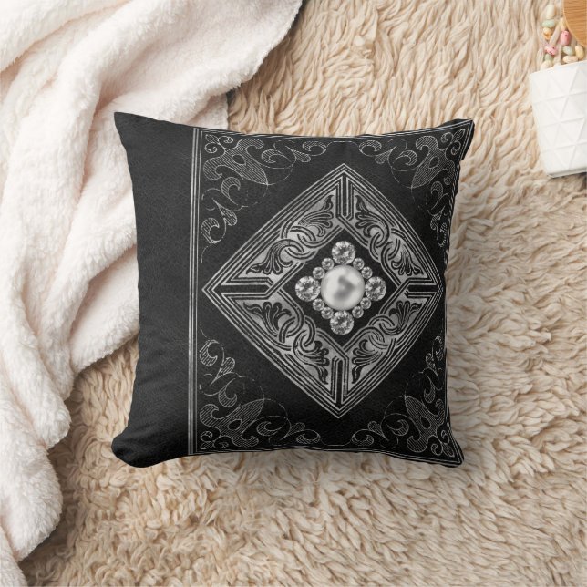 Ornate Opulence | Black and Silver Jewel Flourish Throw Pillow (Blanket)