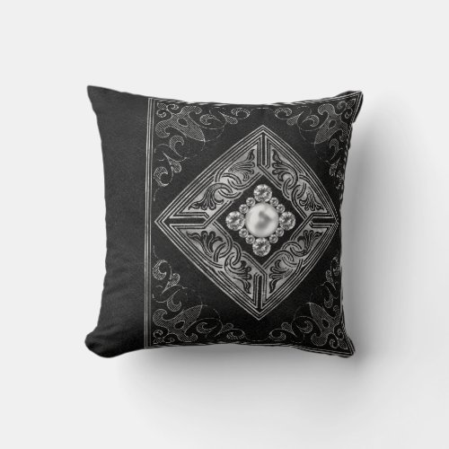 Ornate Opulence  Black and Silver Jewel Flourish Throw Pillow