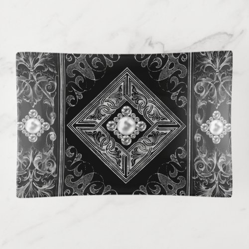 Ornate Opulence  Black and Silver Jewel Flourish Trinket Tray