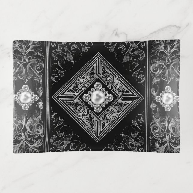 Ornate Opulence | Black and Silver Jewel Flourish Trinket Tray (Front)
