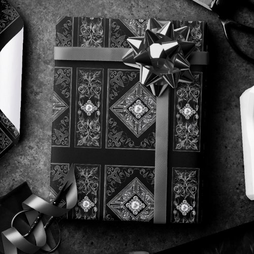 Ornate Opulence  Black and Silver Jewel Flourish Wrapping Paper