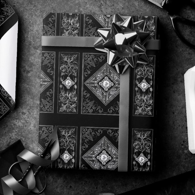Ornate Opulence | Black and Silver Jewel Flourish Wrapping Paper (Creator Uploaded)