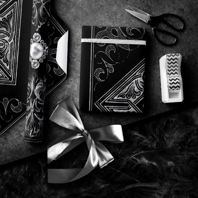 Ornate Opulence | Black and Silver Jewel Flourish Wrapping Paper (Creator Uploaded)