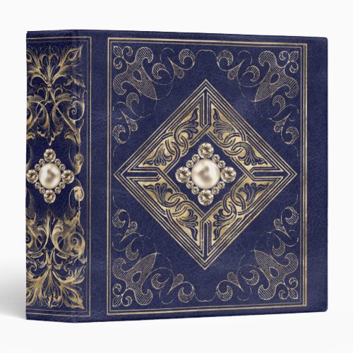 Ornate Opulence  Blue and Gold Jeweled Flourish 3 Ring Binder