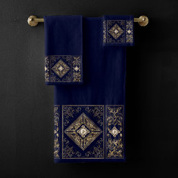 Ornate Opulence | Blue and Gold Jeweled Flourish Bath Towel Set