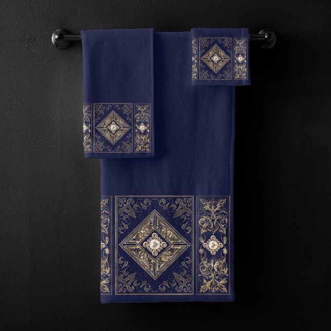 Ornate Opulence | Blue and Gold Jeweled Flourish Bath Towel Set (Creator Uploaded)