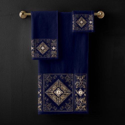 Ornate Opulence  Blue and Gold Jeweled Flourish Bath Towel Set