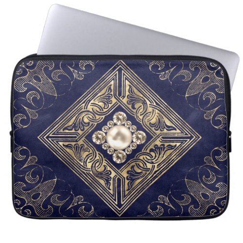 Ornate Opulence  Blue and Gold Jeweled Flourish Laptop Sleeve