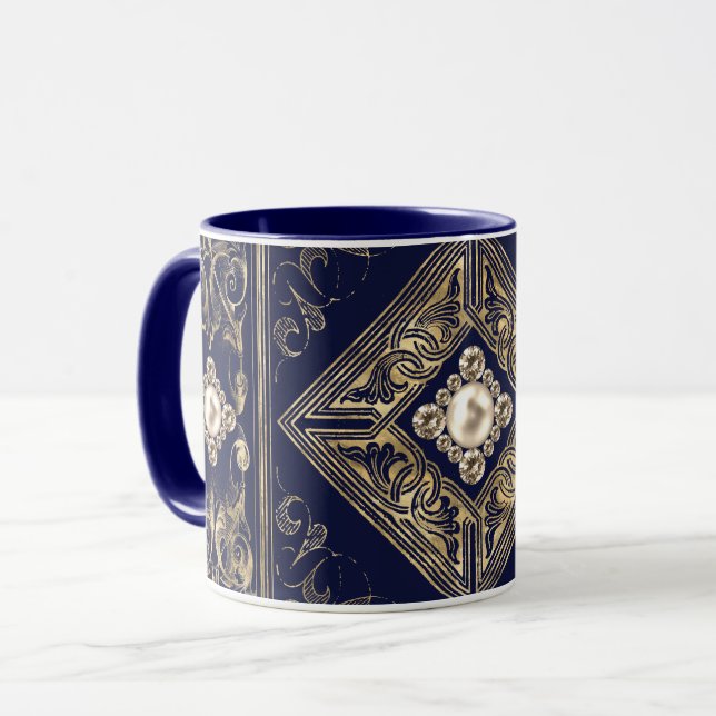 Ornate Opulence | Blue and Gold Jeweled Flourish Mug (Front Left)