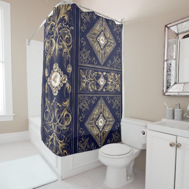 Ornate Opulence | Blue and Gold Jeweled Flourish Shower Curtain (In Situ)