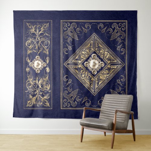 Ornate Opulence  Blue and Gold Jeweled Flourish Tapestry