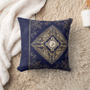 Ornate Opulence Blue and Gold Jeweled Flourish Throw Pillow