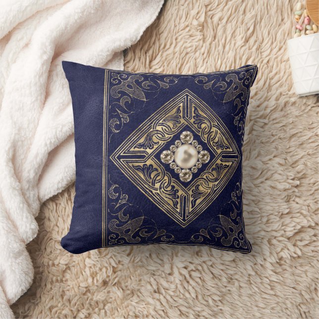 Ornate Opulence | Blue and Gold Jeweled Flourish Throw Pillow (Blanket)