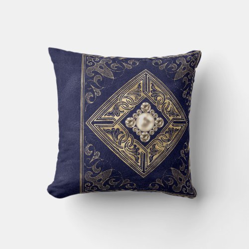 Ornate Opulence  Blue and Gold Jeweled Flourish Throw Pillow