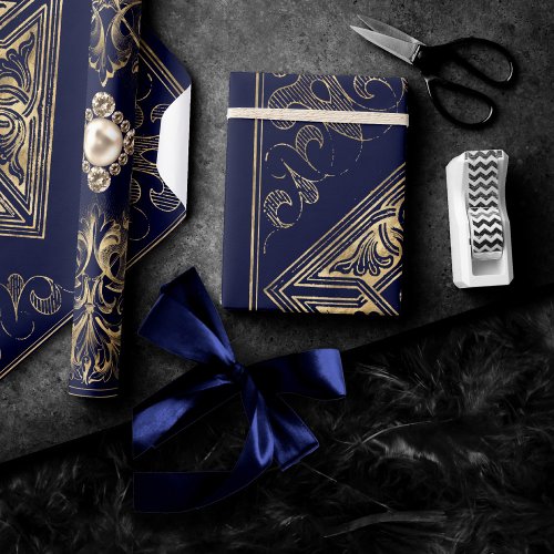 Ornate Opulence  Blue and Gold Jeweled Flourish Wrapping Paper