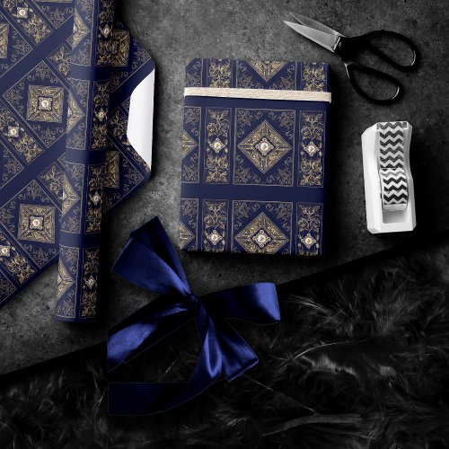 Ornate Opulence  Blue and Gold Jeweled Flourish Wrapping Paper