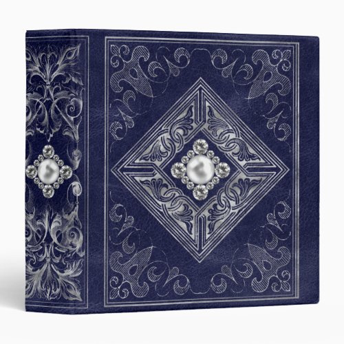 Ornate Opulence  Blue and Silver Jeweled Flourish 3 Ring Binder