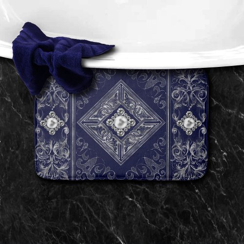 Ornate Opulence  Blue and Silver Jeweled Flourish Bath Mat