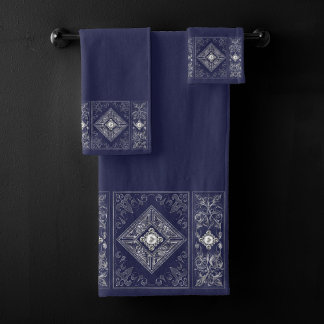 Ornate Opulence | Blue and Silver Jeweled Flourish Bath Towel Set
