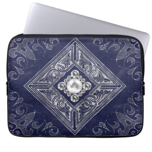 Ornate Opulence  Blue and Silver Jeweled Flourish Laptop Sleeve