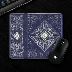 Ornate Opulence Blue and Silver Jeweled Flourish Mouse Pad