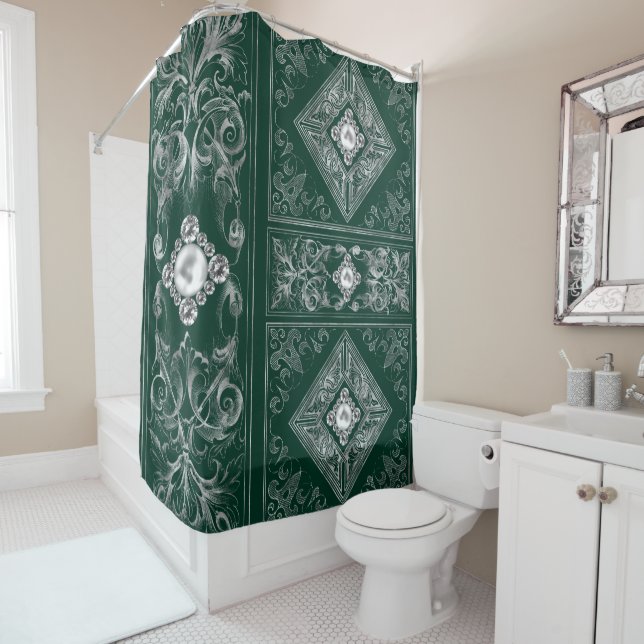 Ornate Opulence | Blue and Silver Jeweled Flourish Shower Curtain (In Situ)