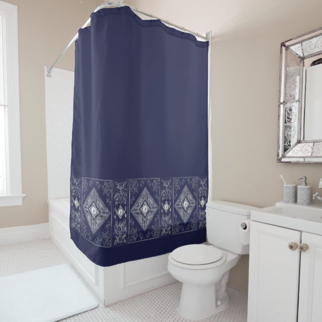 Ornate Opulence | Blue and Silver Jeweled Flourish Shower Curtain (In Situ)