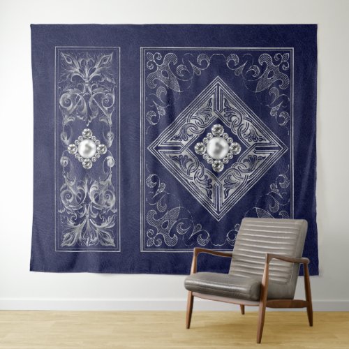 Ornate Opulence  Blue and Silver Jeweled Flourish Tapestry