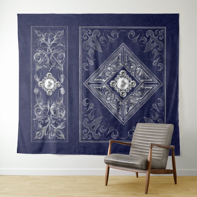 Ornate Opulence | Blue and Silver Jeweled Flourish Tapestry (In Situ (Horizontal))