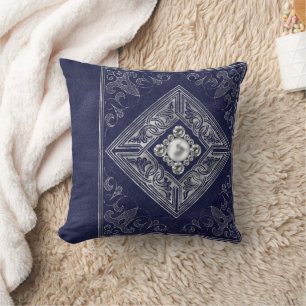 Ornate Opulence Blue and Silver Jeweled Flourish Throw Pillow