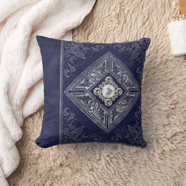 Ornate Opulence | Blue and Silver Jeweled Flourish Throw Pillow (Blanket)