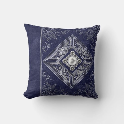 Ornate Opulence  Blue and Silver Jeweled Flourish Throw Pillow