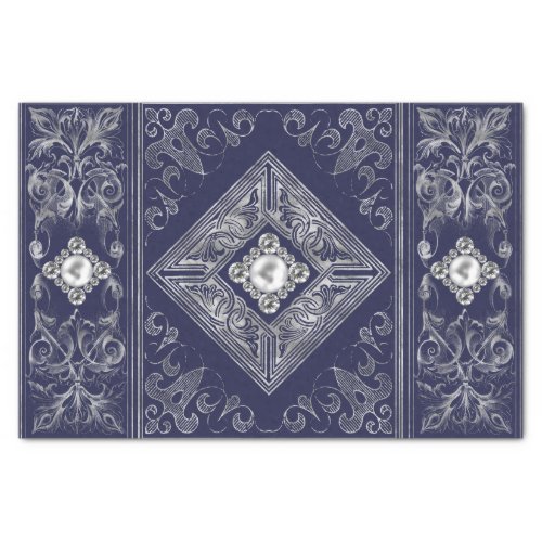 Ornate Opulence  Blue and Silver Jeweled Flourish Tissue Paper