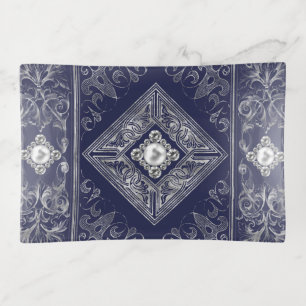 Ornate Opulence   Blue and Silver Jeweled Flourish Trinket Tray